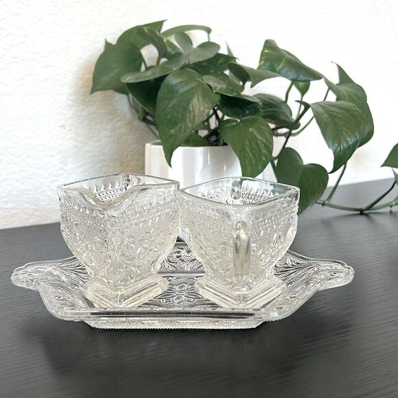 Vintage Mid-Century Pressed Glass Creamer and Open Sugar Bowl Set with Tray - Picture 1 of 4